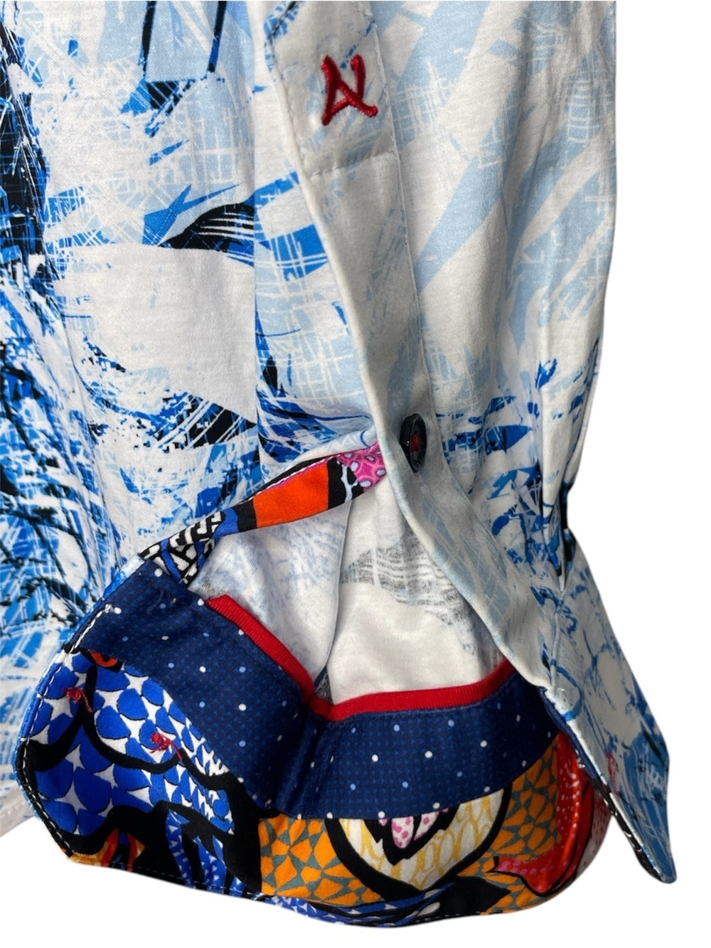 Au Noir Mauritia White Blue Abstract Stretch Button Down Dress Shirt Size 6 2XL - Picture 6 of 8